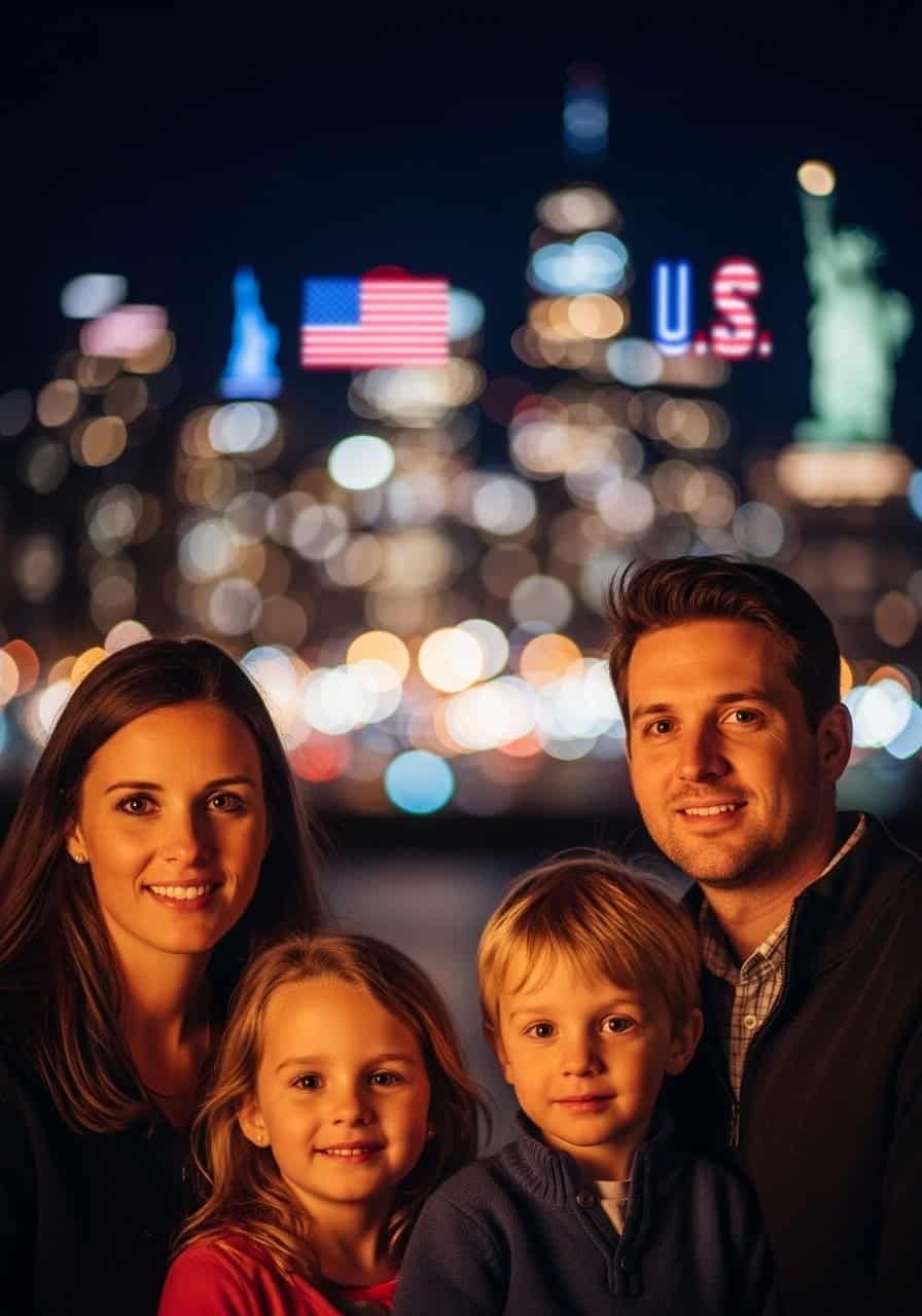 Família sorridente com vista do skyline de Nova York ao fundo.
