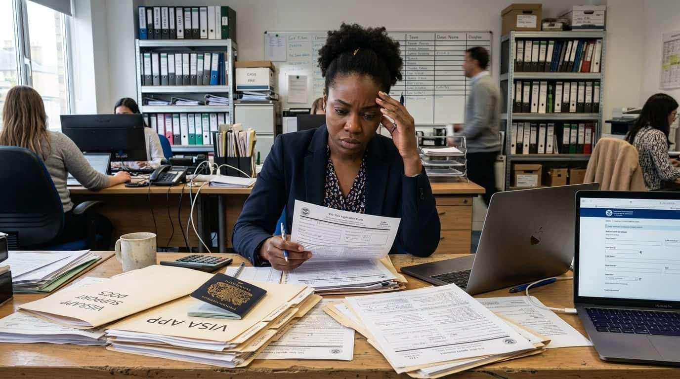 Mulher estressada analisando documentos de visto de trabalho em escritório.