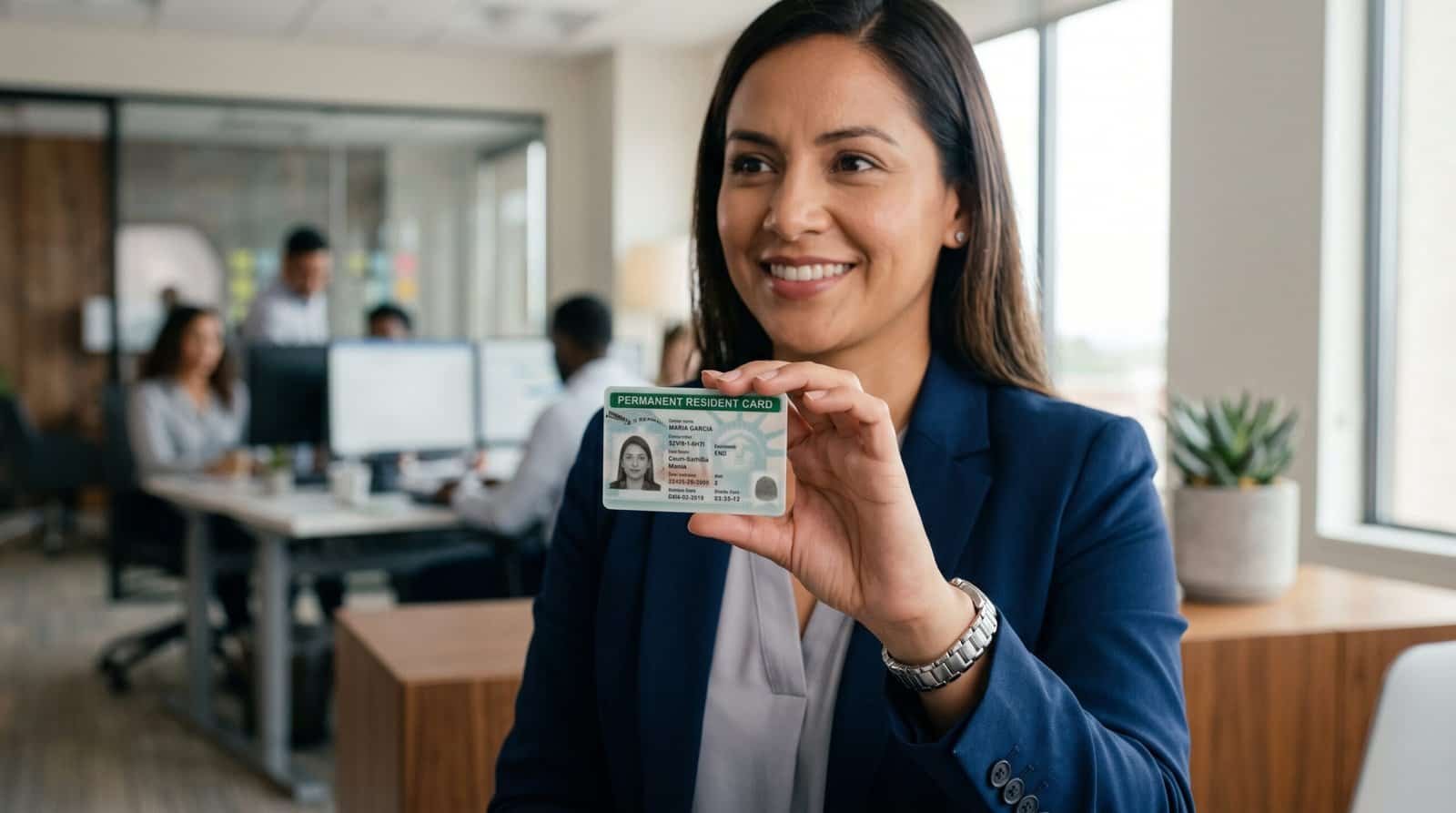 Cidadã com Green Card nos EUA Mulher sorridente segurando Green Card em ambiente de escritório.