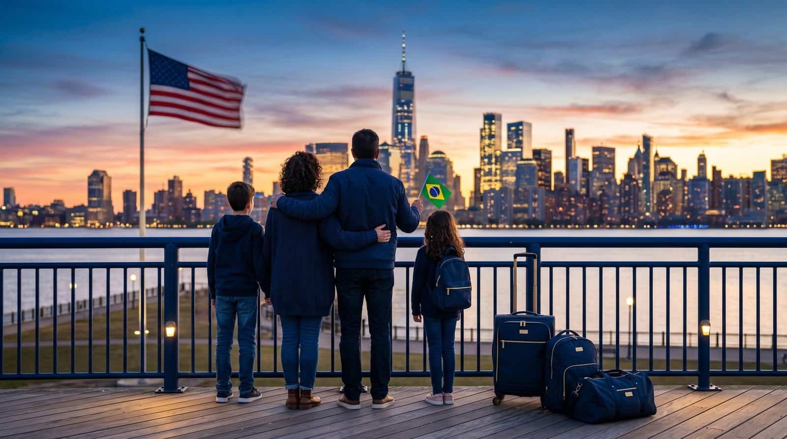 Família admirando Nova York ao pôr do sol Família com malas observando o skyline de Nova York ao pôr do sol.