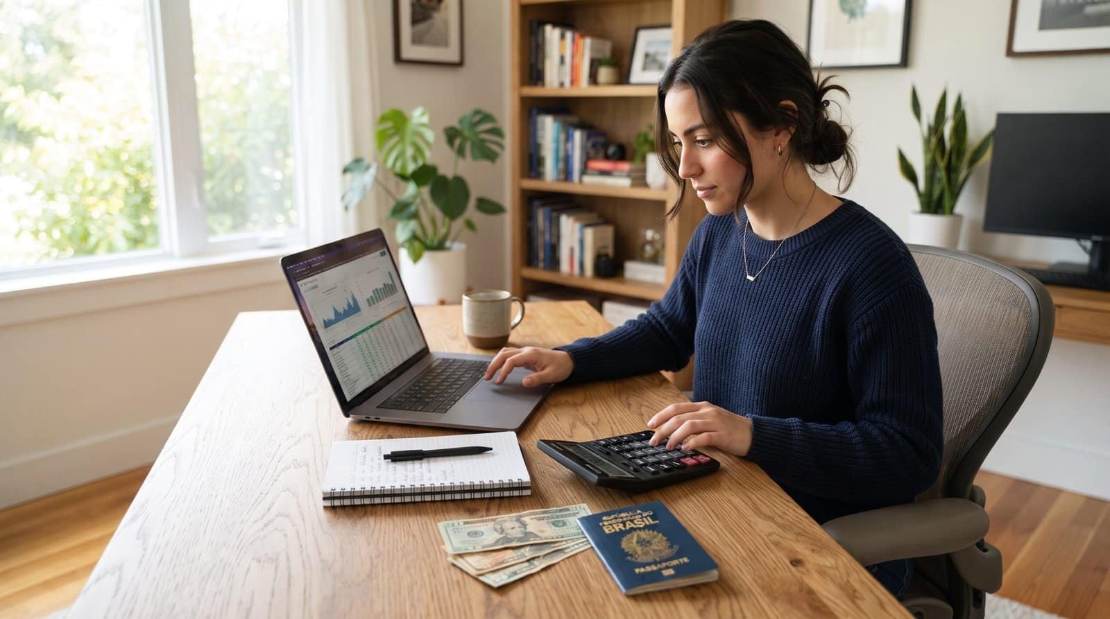 Imigrante trabalhando de casa Mulher usando laptop e calculadora em ambiente de home office.