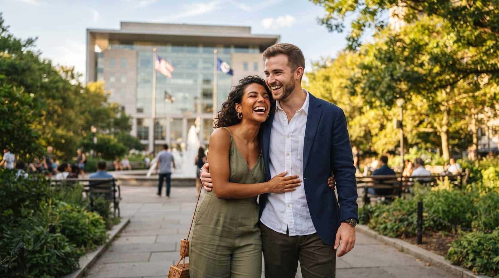 Casal sorridente celebrando união em ambiente ao ar livre.