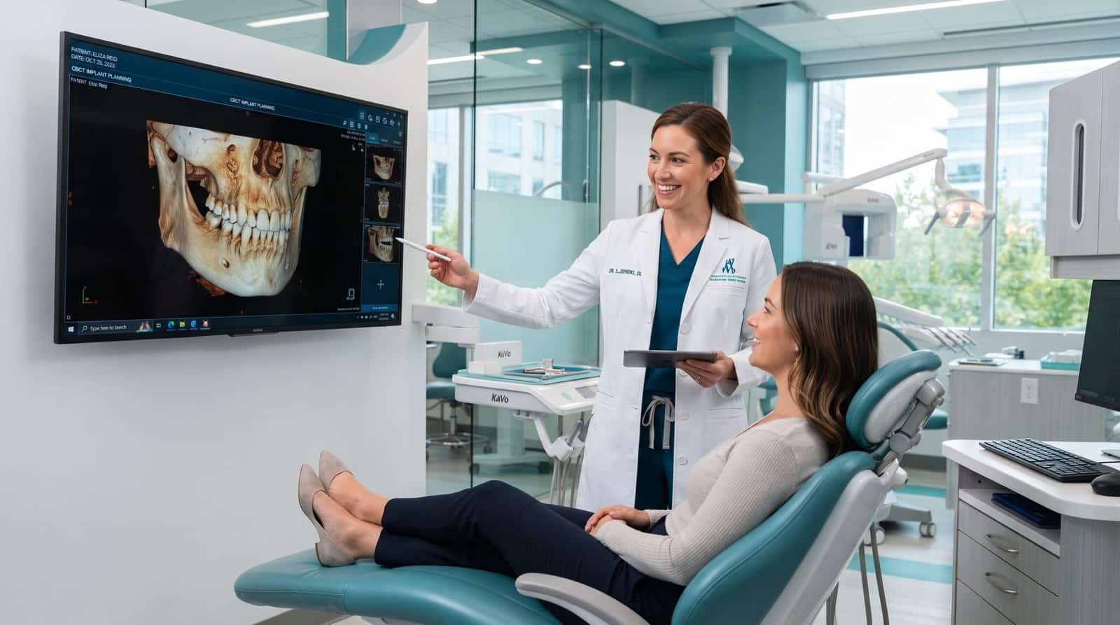 Consulta odontológica com tecnologia avançada Dentista mostrando raio-x de mandíbula para paciente em clínica moderna.