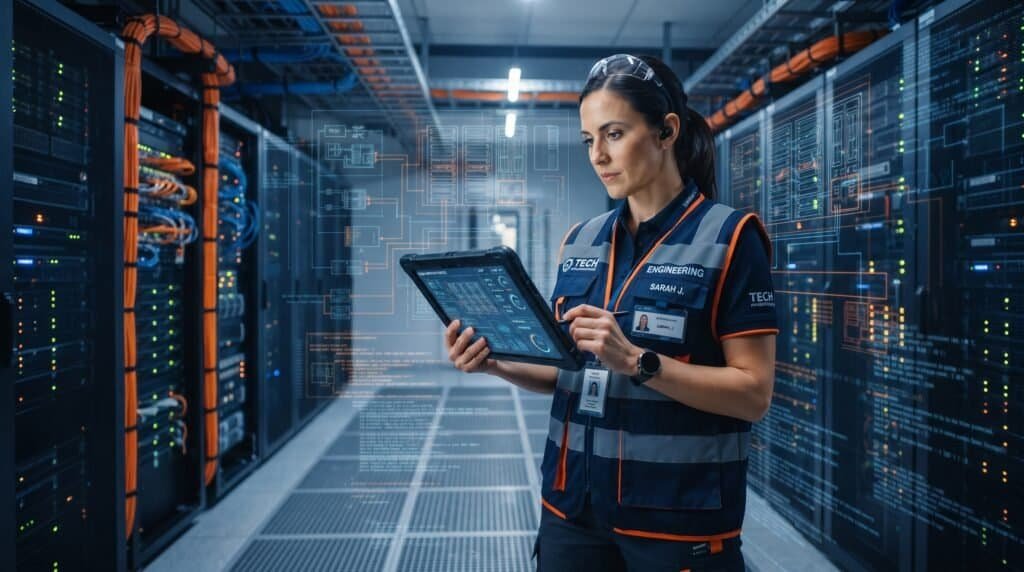 Técnica de TI analisando dados em data center moderno.