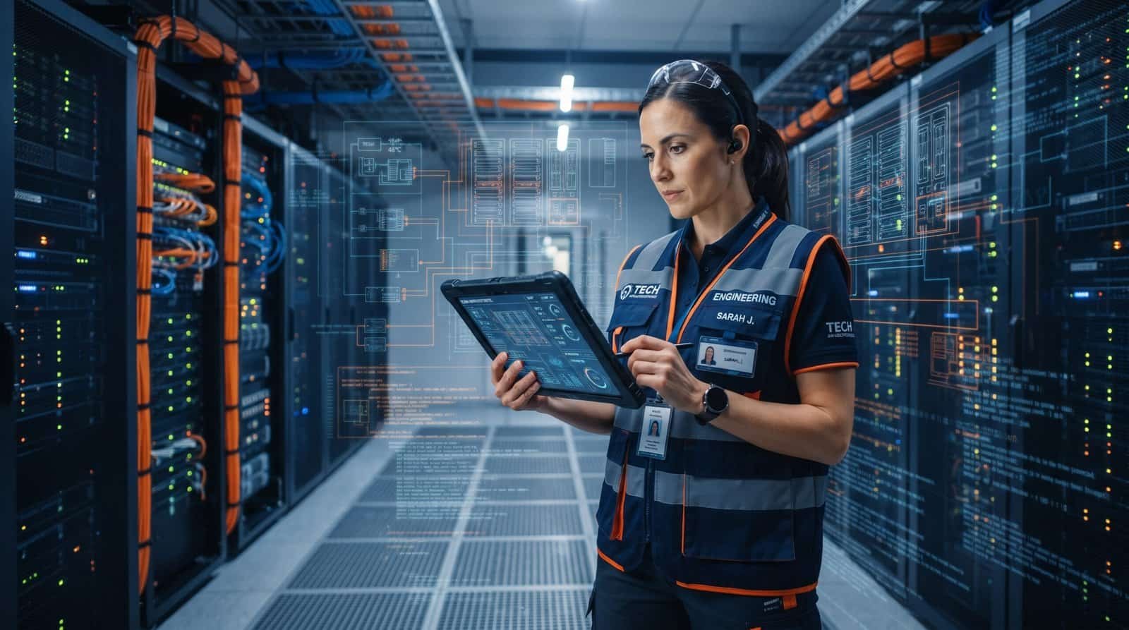 Técnica de TI analisando dados em data center moderno.