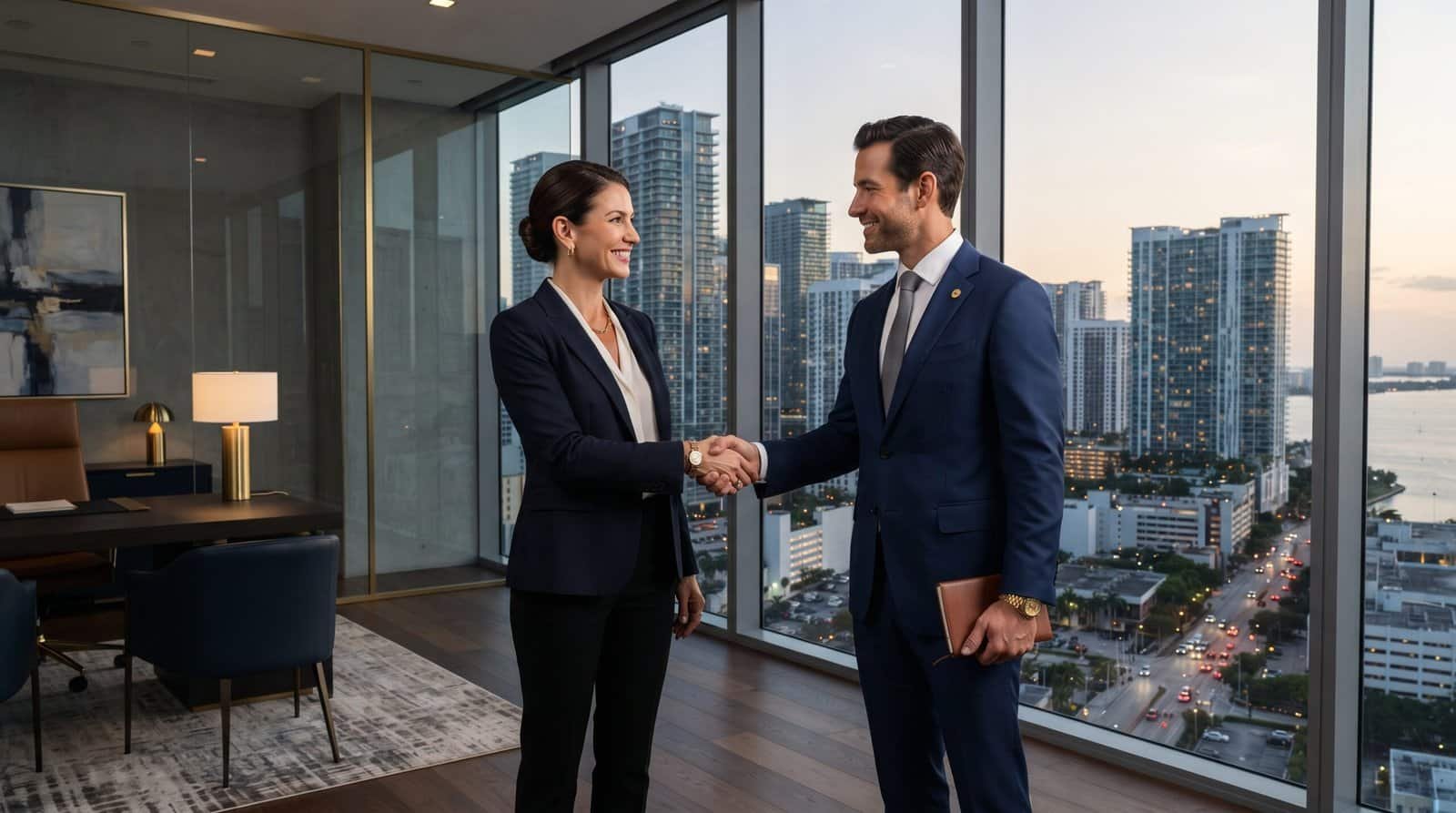 Reunião de negócios com vista para a cidade Executivos apertando as mãos em escritório com vista urbana.