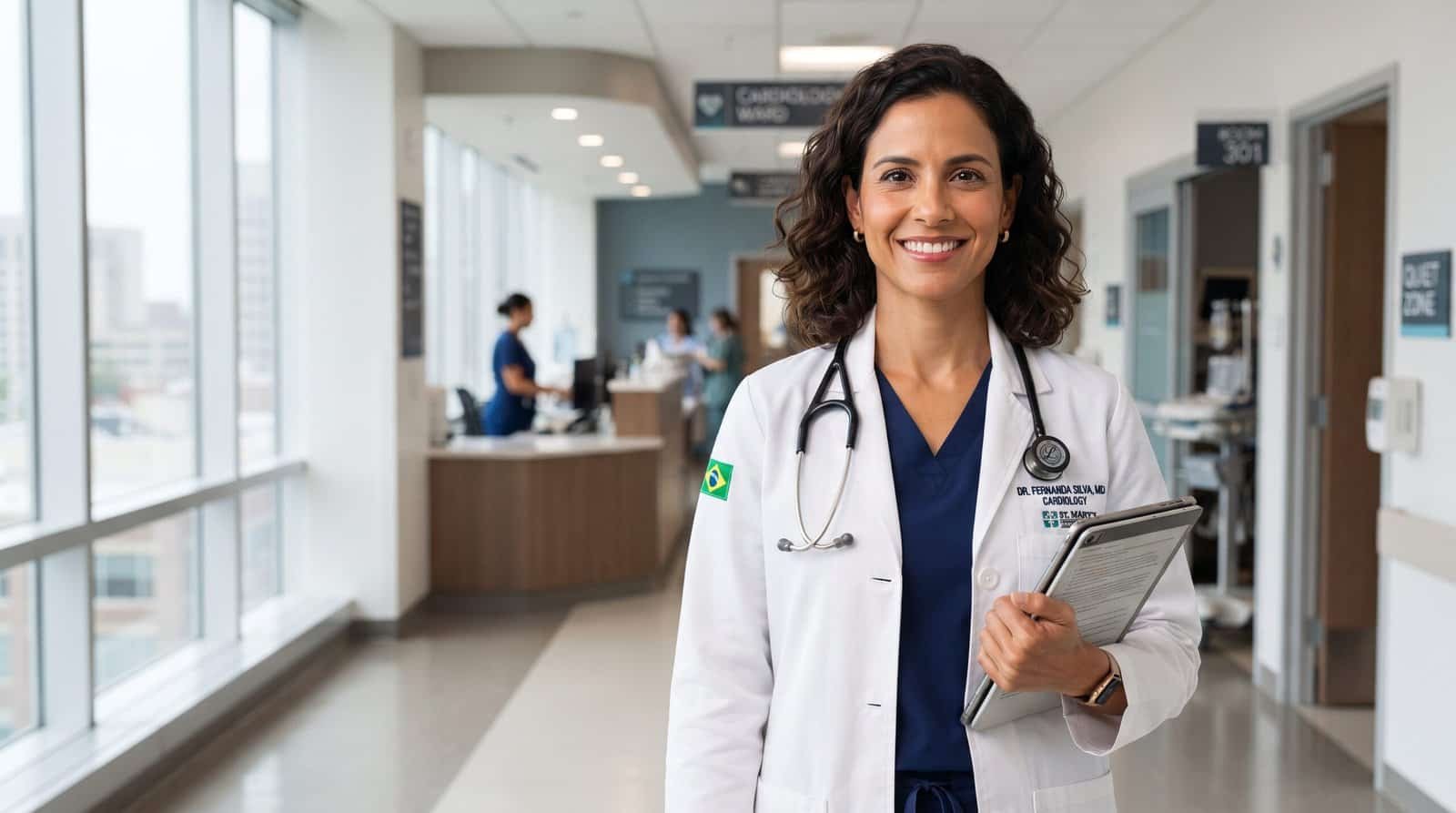 Médica sorridente no hospital Médico brasileiro planejando carreira e residência permanente nos Estados Unidos.