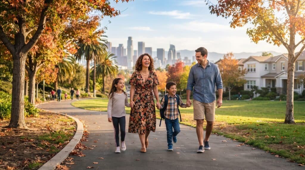 Família caminhando no parque com a cidade ao fundo.