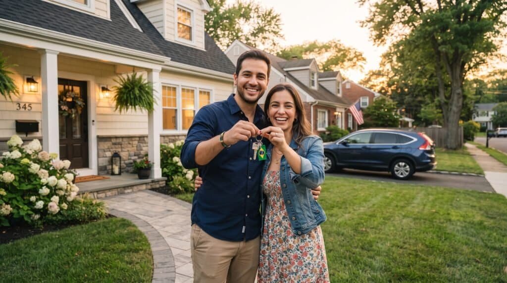 Casal sorridente segurando chaves na frente de casa residencial.
