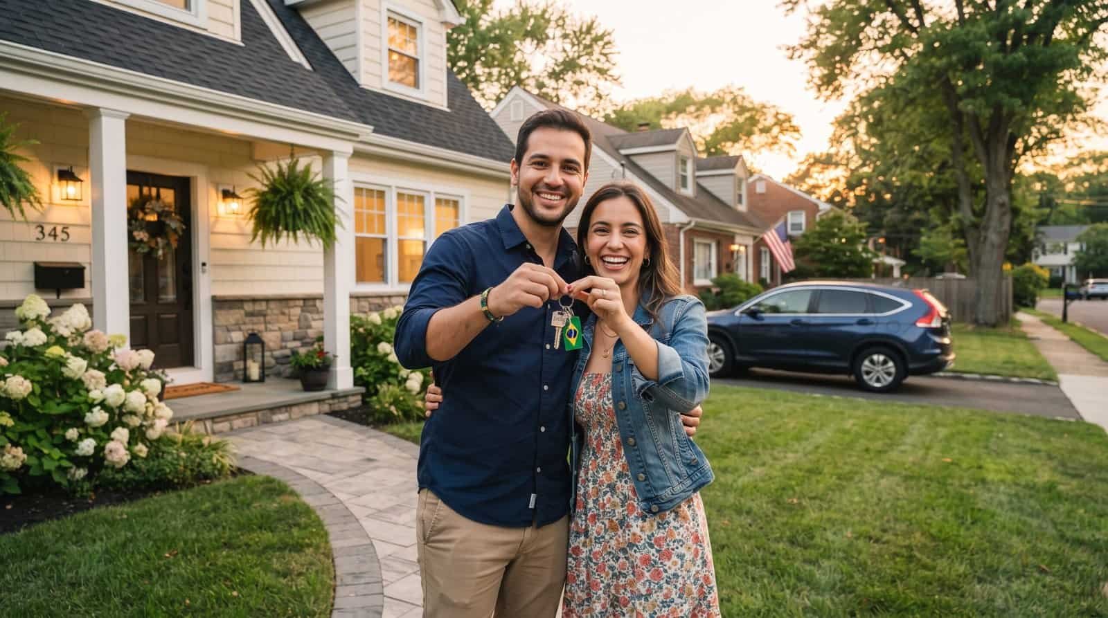 Casal sorridente segurando chaves na frente de casa residencial.