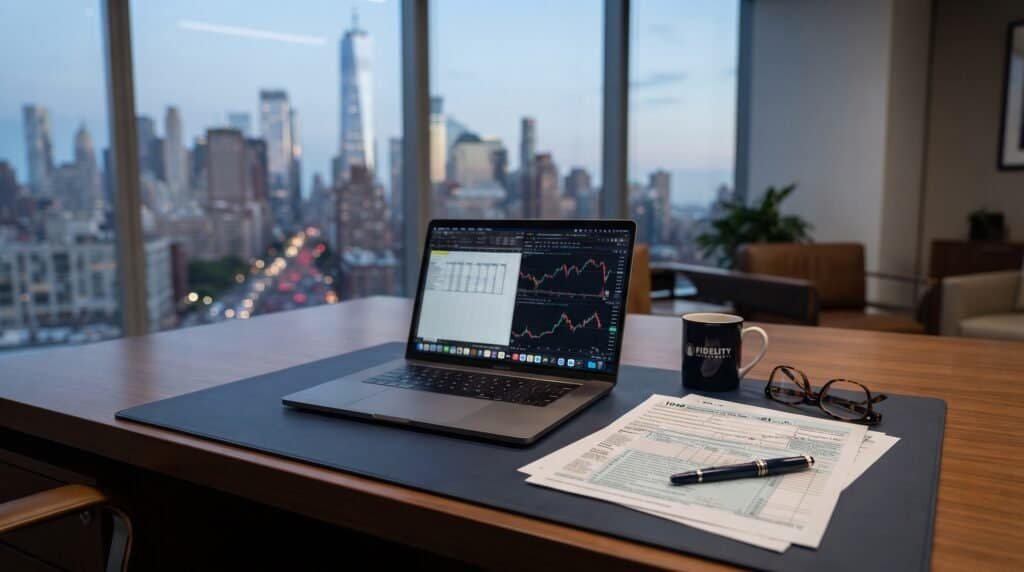 Laptop com gráficos financeiros e documentos em escritório com vista da cidade.