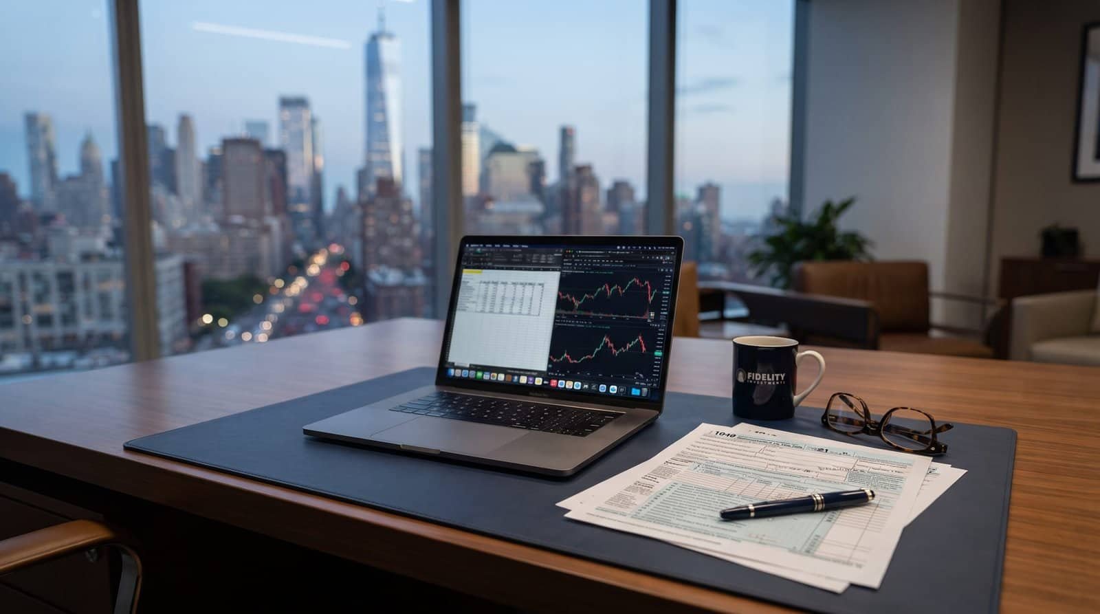Laptop com gráficos financeiros e documentos em escritório com vista da cidade.