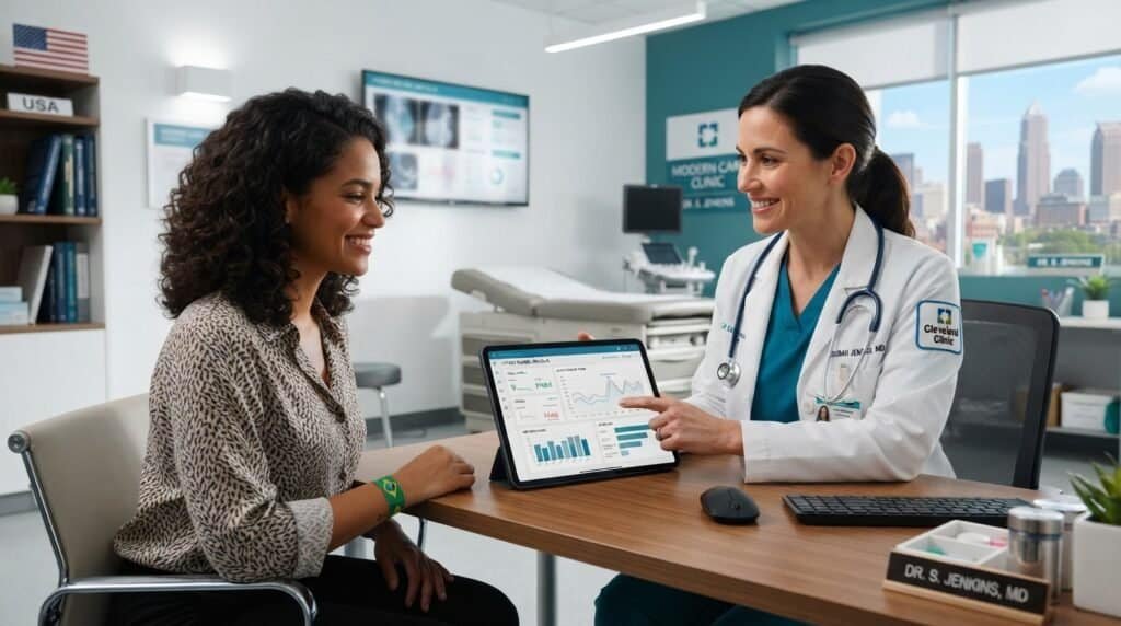 Médica explica dados de saúde a paciente em consultório nos EUA.