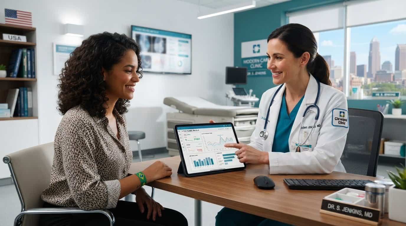 Médica explica dados de saúde a paciente em consultório nos EUA.
