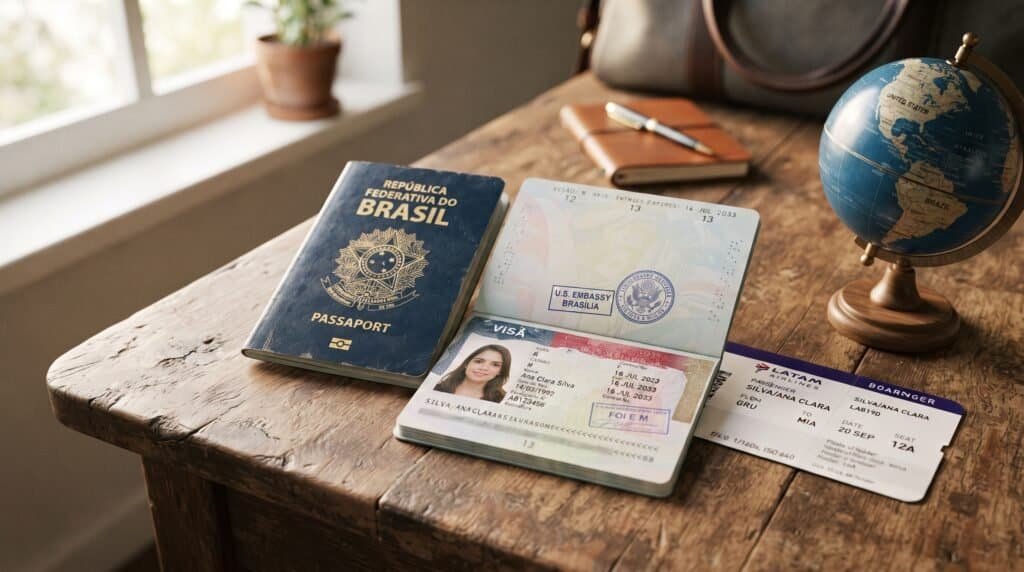 Página de um passaporte com o carimbo de um visto americano aprovado.