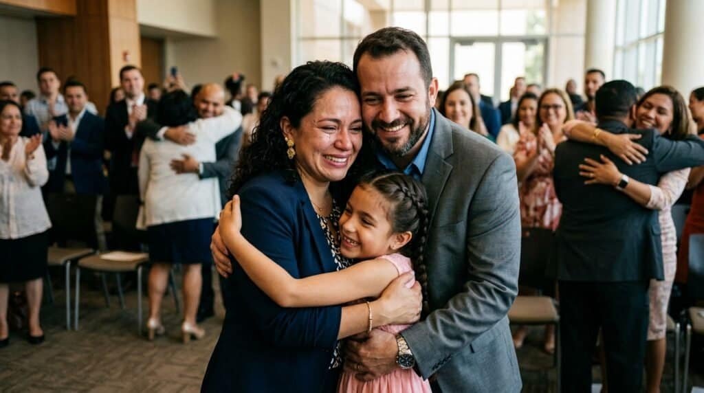 Família feliz celebrando a obtenção da cidadania americana.