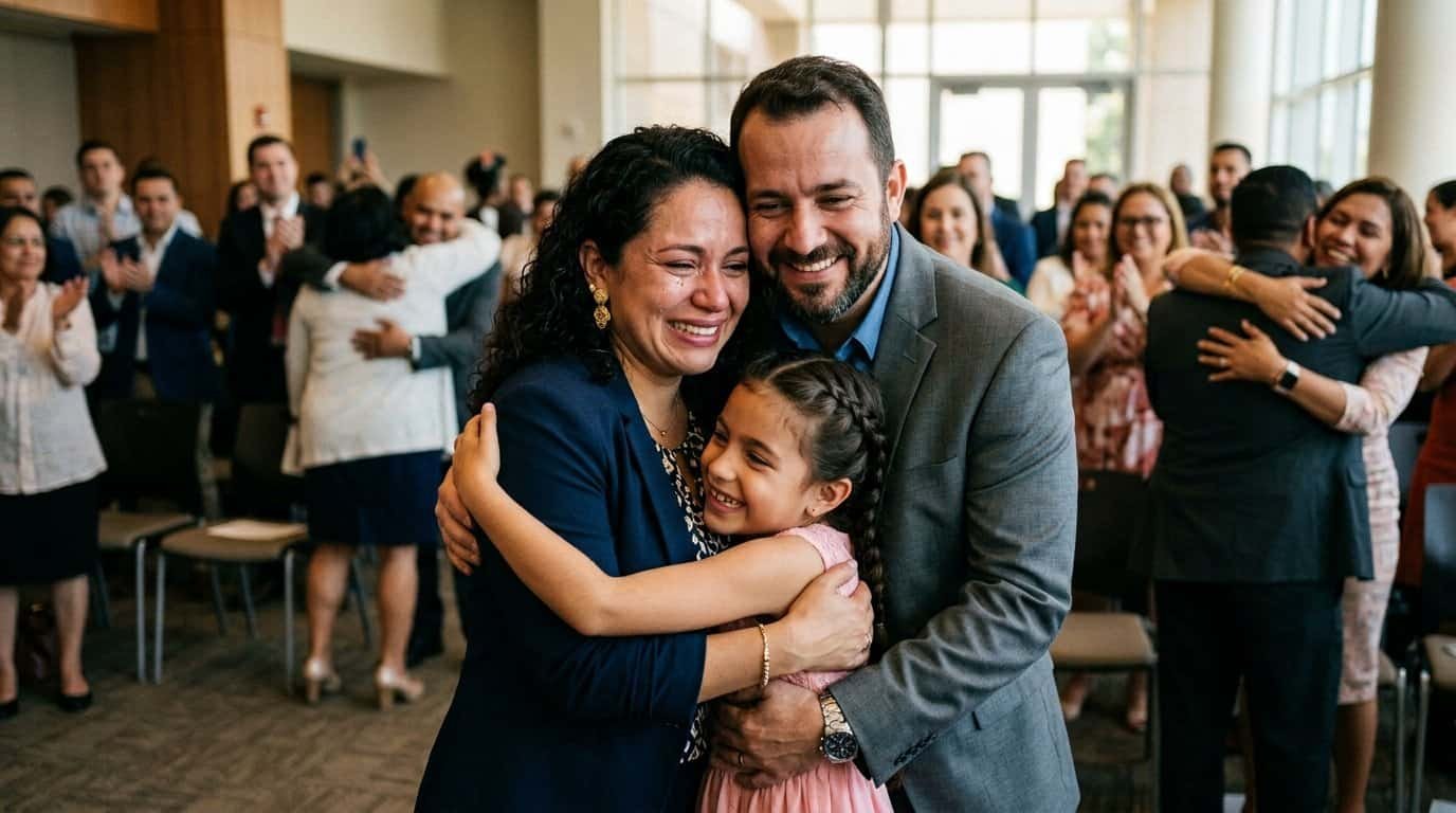 Família feliz celebrando a obtenção da cidadania americana.