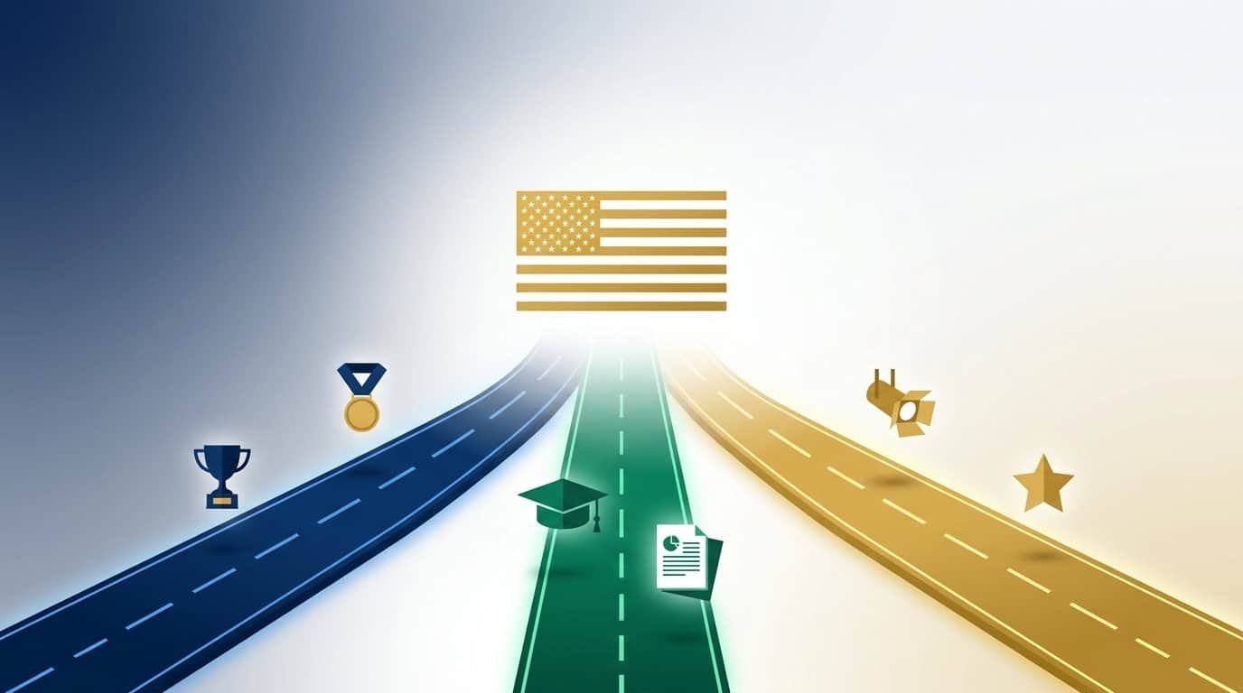 Rota de imigração com diferentes caminhos e símbolos de sucesso.