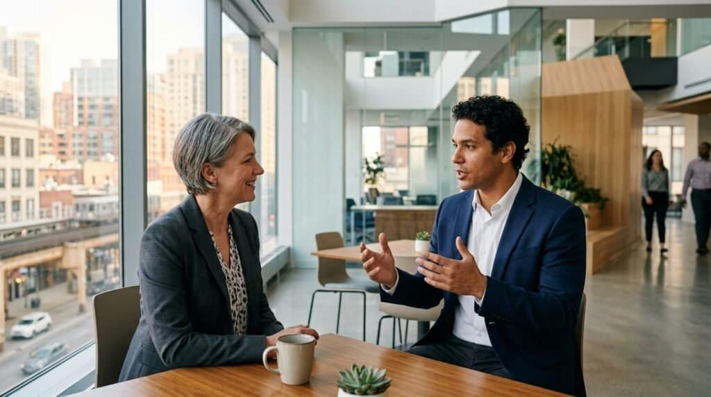 Homem e mulher conversando em escritório com vista urbana ao fundo.