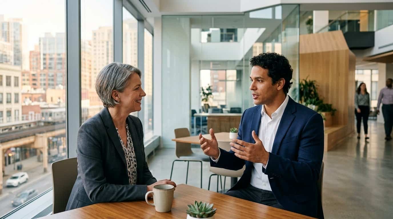 Homem e mulher conversando em escritório com vista urbana ao fundo.