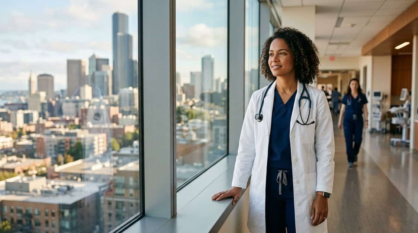 Médica olhando para a cidade Médica sorridente observando a cidade de um hospital.