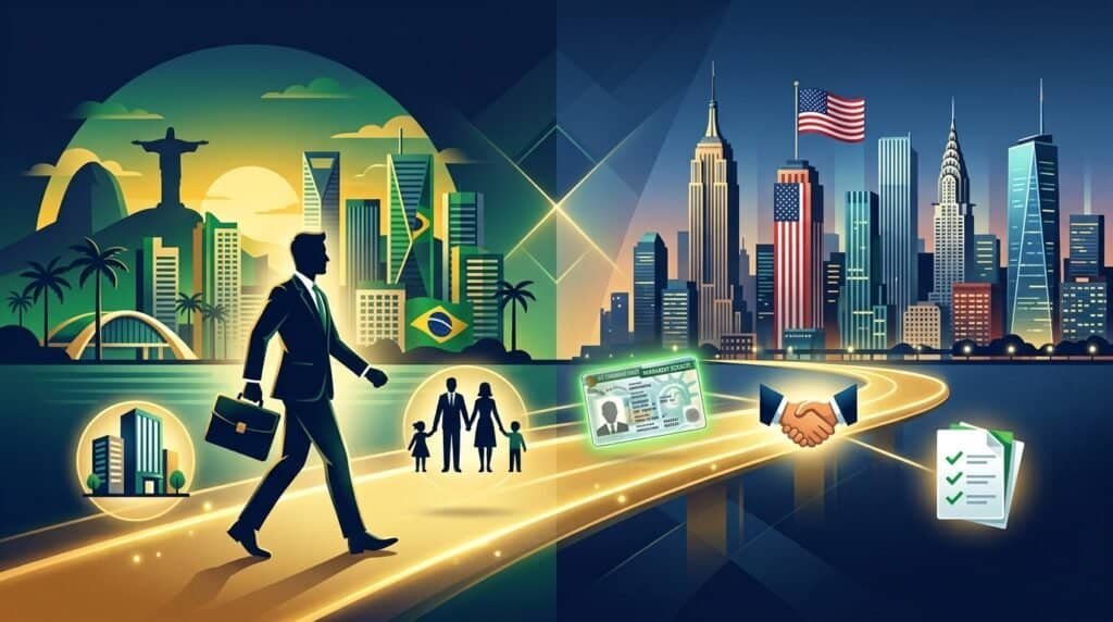 Executivo com mala caminhando em cidade americana com símbolos do Brasil e EUA.
