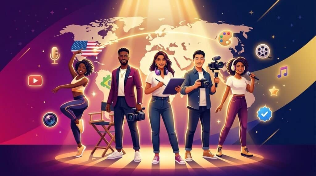 Artistas e influenciadores digitais com equipamentos de gravação e câmera.