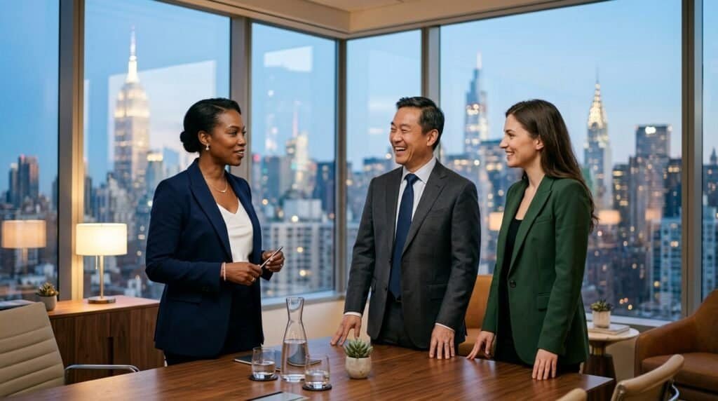 Três profissionais conversando em reunião de negócios com vista para Nova York.