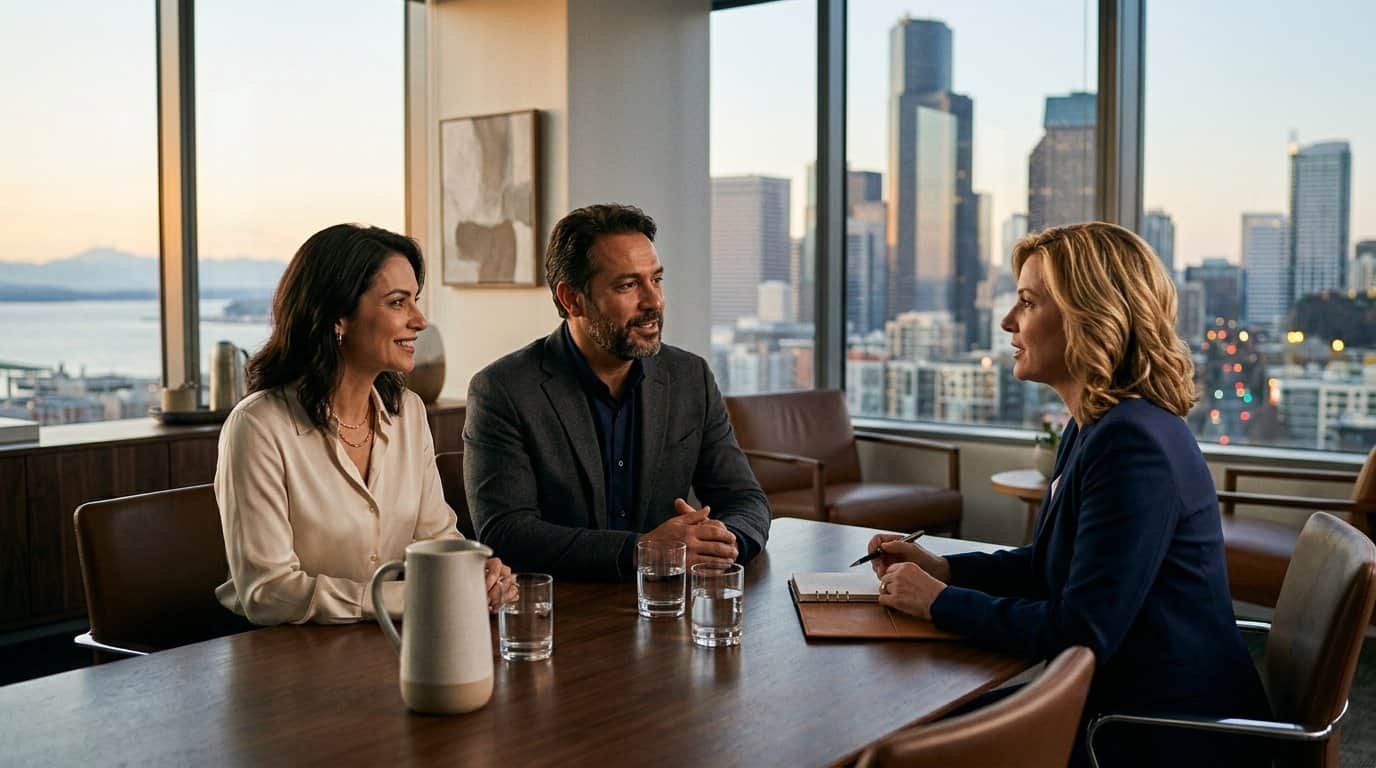 Reunião de negócios com três pessoas discutindo estratégias em escritório com vista urbana.