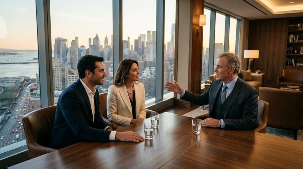 Executivos discutindo estratégias em escritório com vista para Nova York.