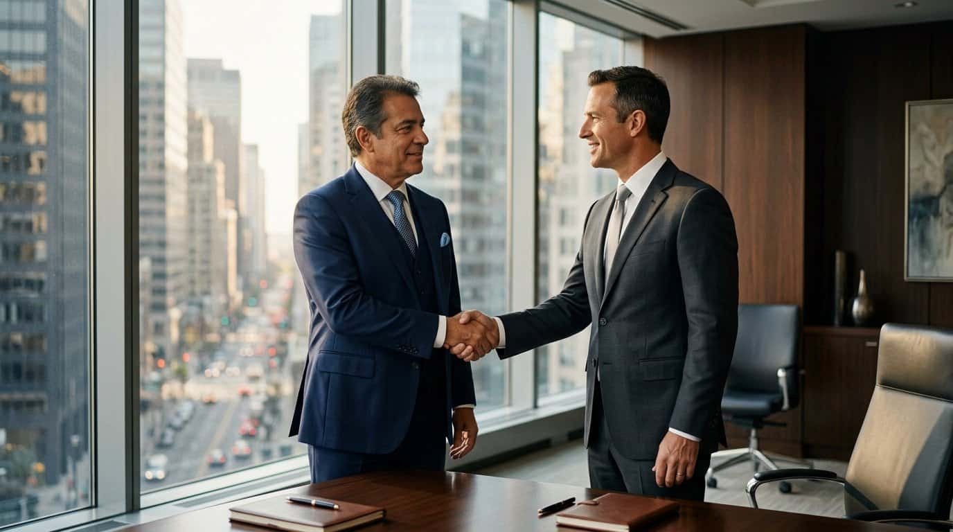 Homens de negócios apertando as mãos em reunião de escritório.