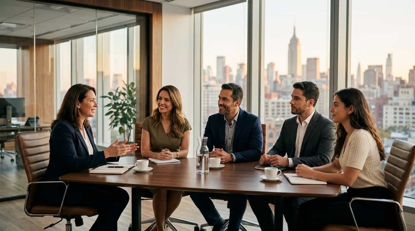 Reunião de profissionais discutindo estratégias em escritório com vista para Nova York.